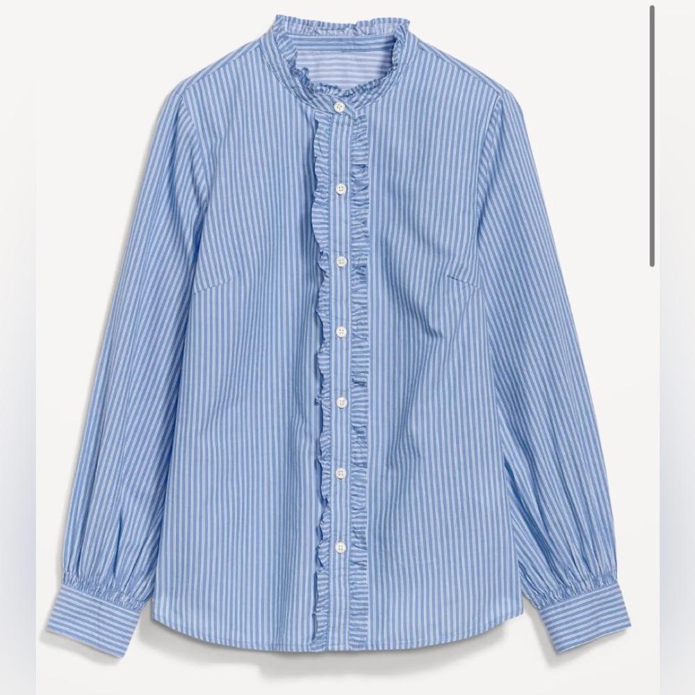 Ruffle trimmed collarless neck striped long sleeve tuxedo shirt